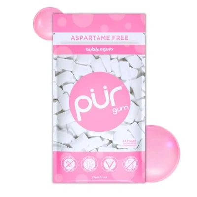 Image of PUR Gum Sugar Free Chewing Made with Xylitol Vegan, Aspartame Free, Gluten &amp; Keto Friendly Natural Bubblegum Flavoured Gum, 55 Pieces (Pack of 1)