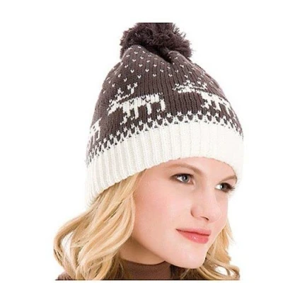 Image of Rjm Ladies Fairisle Reindeer Print Knitted Bobble hat Dk Brown