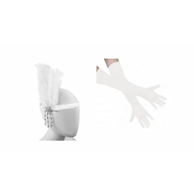 Image of Flapper White Elasticated Headband &amp; Long Satin Gloves Fancy Dress Accessory Set
