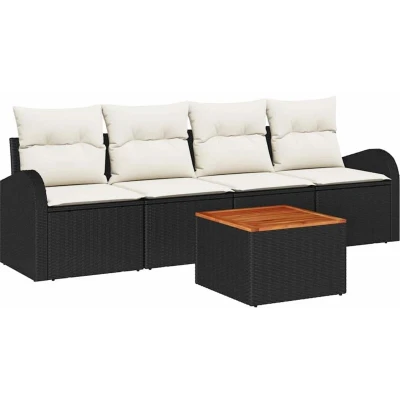 Image of vidaXL 5 Piece Garden Sofa Set with Cushions Black Poly Rattan Acacia