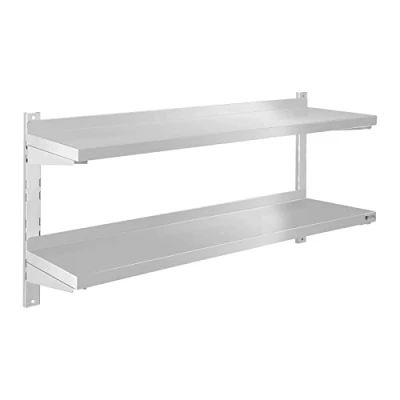 Image of Royal Catering Double Floating Shelf Kitchen Wall Shelves 2 Tier RCWR 120.2 (2 Height adjustable storage areas, 120 cm long, mounting, Stainless steel)