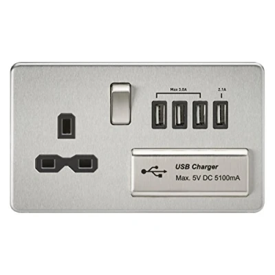 Image of KnightsBridge 13A 2G Screwless Brushed Chrome 1G Switched Socket with Quad 5V USB Charger Ports Black Insert