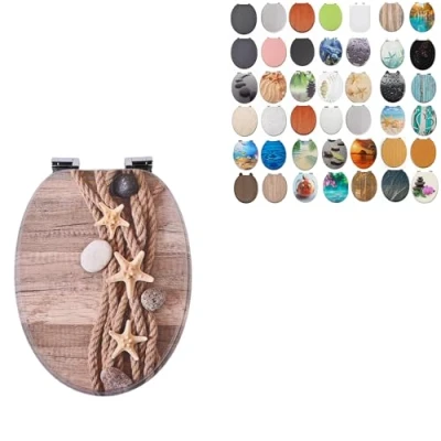 Image of 18&quot; MDF Toilet SEAT Universal Adjustable Fit Most Toilets Oval Seat┃Bathroom Standard Wooden WC +Fittings (Costal &amp; Stones)
