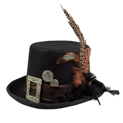 Image of Boland 54501 Plumepunk Hat with Gears, Black, Steampunk, Cylinder, Headgear, Accessory, Costume, Theme Party, Carnival, Halloween, one size