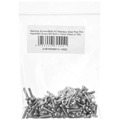Image of Machine Screws/Bolts A2 Stainless Steel Pozi Pan Head Mch Screw M3 3mm x 12mm (Pack of 100)