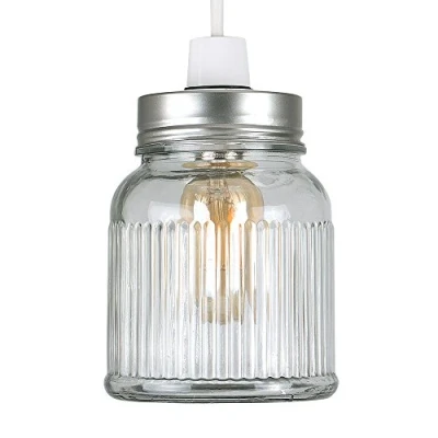 Image of Retro Style Silver Brushed Chrome and Clear Glass Ribbed Pattern Design Jar Ceiling Pendant Light Shade