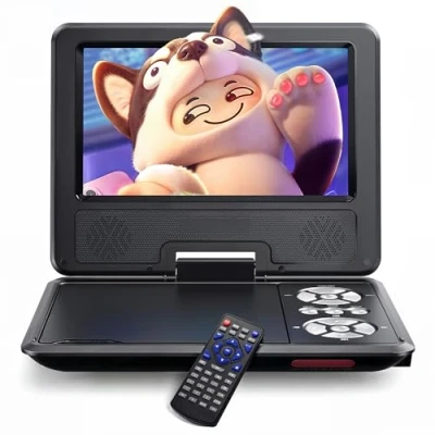 Image of WOLFANG 9.5&quot; Portable DVD Player for Kids and Car Travel with 7.5&quot; HD Swivel Screen, 4 6 Hours Battery Life, Region Free, Stereo Speaker, Headphone/Sync TV/USB/SD Card Support [No Blu ray Support]