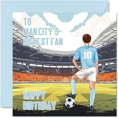Image of Football Birthday Card for Man City Fans Biggest Fan Fun Happy Son Dad Brother Uncle Colleague Friend Cousin, 145mm x Footy Footie Bday Greeting Cards