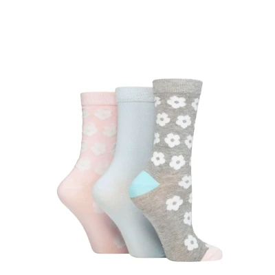 Image of Women&#039;s 3 Pair SOCKSHOP Wildfeet Patterned Bamboo Socks Flowers Grey / Pink Blue 4 8