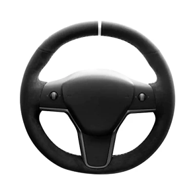 Image of Alfanxi Hand Stitch Sewing Italy Alcantara Car Steering Wheel Cover Wrap for Tesla Model 3/Tesla Y (Black Alcantara+White Stripe)