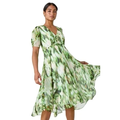 Image of Roman Abstract Print Hanky Hem Chiffon Dress for Women UK Ladies Spring Everyday Summer Holiday V Neckline Comfy Short Sleeve Soft Midi Length Frock Beach Vacation Gowns Green Size 18