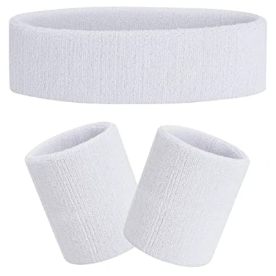 Image of FACATH Sweatband Set White Sports Headband Wristband Sweatbands Terry Cloth Athletic Exercise Basketball Wrist Band Headbands Moisture Wicking Sweat Absorbing Cotton Stripped