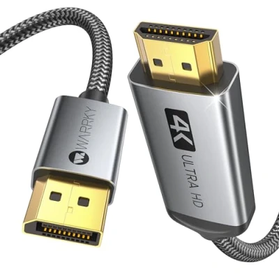 Image of WARRKY 4K DisplayPort to HDMI Cable, 1m/3.3ft [Gold Plated, Aluminium Shell] Uni Directional From DP Computer Monitor Lead with Audio, Compatible Lenovo, HP, DELL, and More