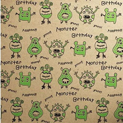 Image of Bags of Room Printed Kraft Paper Gift Wrap Pack 1 Roll 3M Doodles Green Monsters