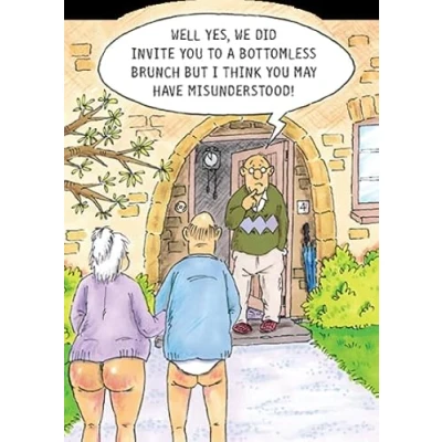 Image of Paperlink Open Artistic Blank Humorous Greeting Card Bottomless Brunch Couple Without Trousers From The Wrinklies Range Suitable For Birthdays Him/Her