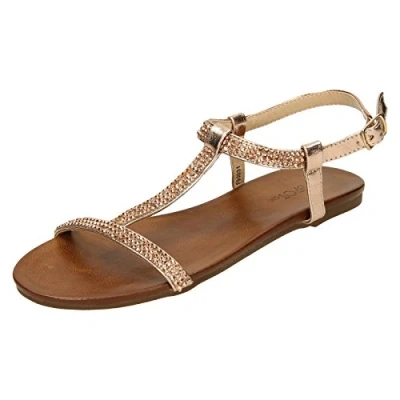 Image of Spot On Ladies Flat Diamante T Bar Sandals Rose Gold Metallic UK Size 3 EU 36 US 5