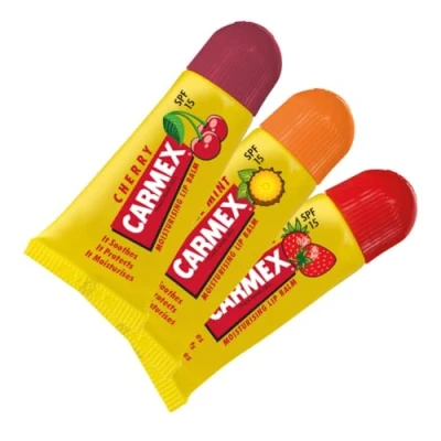 Image of CARMEX Minis Lip Balm Tube Trio Pack, SPF15 (Cherry, Strawberry &amp; Pineapple Mint) Soothes, relieves, and moisturises for soft, healthy looking lips