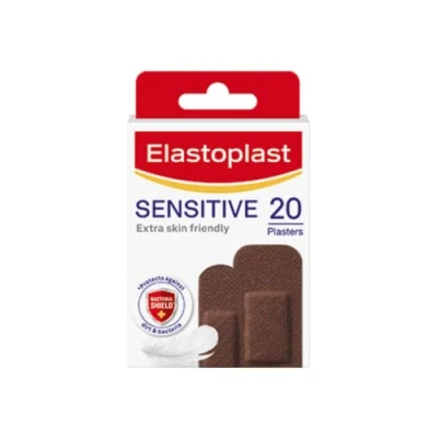 Image of Elastoplast Sensitive Hypoallergenic Plasters Dark (20 Pieces), for Painless Removal, Soft and Breathable Fabric Plasters, Strong Adhesive, Skin Tone
