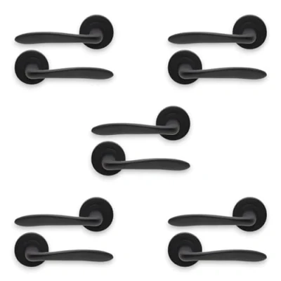 Image of Infinity Decor Pair of 5 Matt Black Lever Door Handle on Round Rose Set Interior Pull Handles for &amp; Exterior Doors
