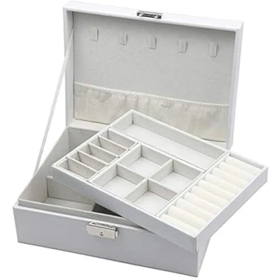 Image of Homeanda jewellery boxes 2 layer box Leather for Women Girls Teens Jewelry organizer Storage with lock (White)
