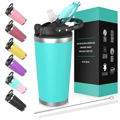Image of Travel Mug with Lid and Straw 20oz, Vacuum Insulated Coffee Tumbler Cup,Stainless Steel Tumbler, Double Wall Splash Proof Lid, Keep Tea Hot Cold (Teal)