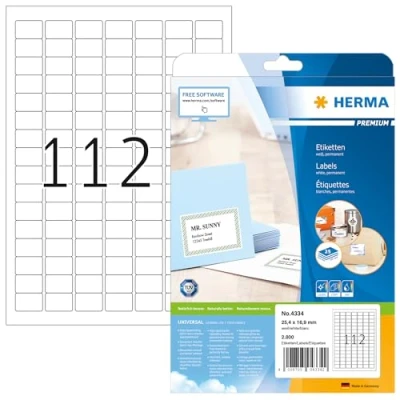 Image of HERMA Self Adhesive Multipurpose Labels, 112 Labels per A4 Sheet, 25 Sheets, 25.4 x 16.9 mm, 2800 Blank Universal Stickers, Sticky for Laser &amp; Inkjet Printer, White