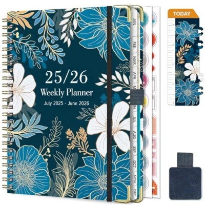 Image of Diary 2025 2026 Week to View A5 Academic July June (12 Months) Planner with Self adhesive pen loop, Ruler Bookmark &amp; Stickers (Blue white)