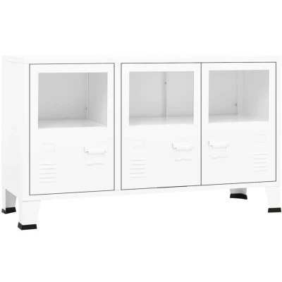 Image of vidaXL Industrial Sideboard with Compartments Durable Metal and Glass Construction, White Ideal for Living Room Dining Storage