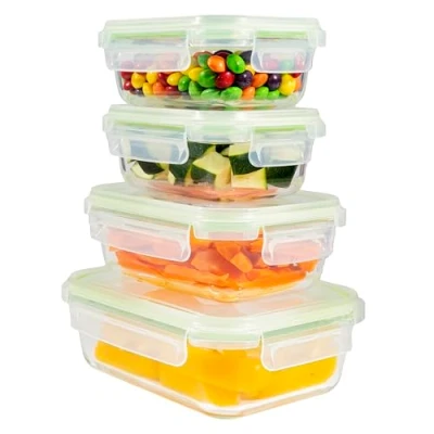 Image of Home Fleek Rectangular Airtight Glass Food Containers with Lids Stackable Storage Containers, Space Saving, Airtight, Microwave, Oven and Freezer Safe Meal Prep (Set of 4, Green)