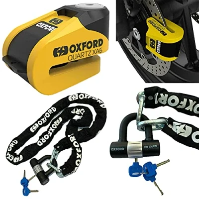 Image of Oxford Security Quartz XA6 Yellow Disc Lock (6mm) + HD Chain 1.5 metre OF159 Black (Yellow Black)