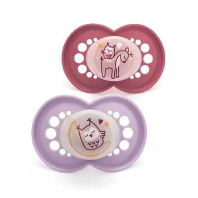 Image of MAM Night 16+M Soother 2PK Pink Baby Soothers with Self Sterilising Travel Case, Newborn Essentials, Glow in The Dark (Designs May Vary)