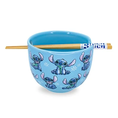 Image of Disney Lilo &amp; Stitch Japanese Ceramic Dinnerware Set Includes 20 Ounce Ramen Noodle Bowl and Wooden Chopsticks
