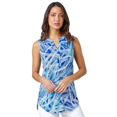 Image of Roman Originals Sleeveless Shirt for Women UK Ladies Vest Tank Top Summer Smart Blouse Stretchy Jersey T Casual Spring Holiday Party Beach Vacation Notch Neck Blue White Size 16