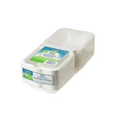 Image of Caterpack Enviro Range burger Boxes 6 x 50 Pack. Disposable, biodegradable boxes. Suitable for microwaving and freezing, water repellent greaseproof
