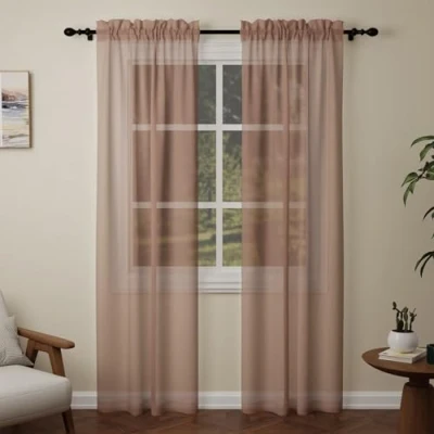 Image of Pacok Mocha Voile Curtains, 90 Drop 2 Panels Net Curtain for Windows, Rod Pocket Sheer Panel Curtains Living Room Kitcken Bedroom W56xL90 Inch(Mocha, 142 x 228cm)