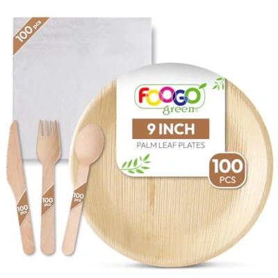 Image of FOOGO Green 500pcs Disposable Palm Leaf Plates, Wooden Cutlery Set and White Napkins, FSC® Certified, 100x Large Round Forks, Knives, 100xSpoons, 100xWhite Eco Biodegradable