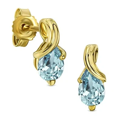 Image of Miore earrings for women in 9 kt 375 yellow gold with pear shape sky blue aquamarine