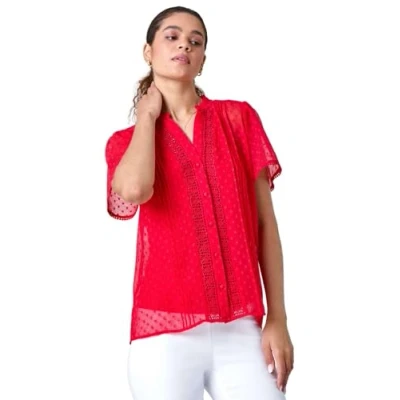 Image of Roman Originals Textured Spot Lace Trim Blouse for Women UK Ladies Everyday Holiday Spring Summer V Neckline Comfy Soft Evening Vacation Work Party Red Size 14