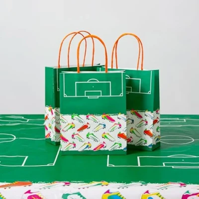 Image of Talking Tables Football Party Bags with Handles for Kids Boys Girls Pack of 8 Recyclable and Disposable Gift, Goodies, Treats, Favours, FIFA World Cup, Soccer, FOOTBALLPARTYBAG
