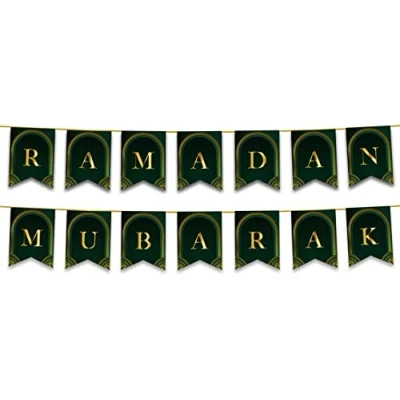 Image of Ramadan Mubarak Bunting Decorations (Green &amp; Gold Design) Kareem Banner, Flags Hanging Decor for home Domes Lanterns Letters Moon