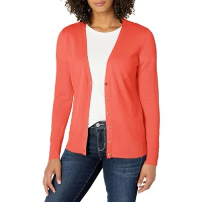 Image of Amazon Essentials Women&#039;s Lightweight V Neck Cardigan Jumper (Available in Plus Size), Coral Pink, XL
