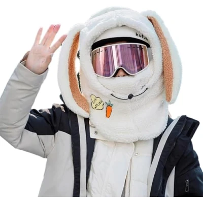Image of ThiCc Women Sherpa Hood Cute Bear Rabbit Cat Ears Hat Plush Ear Warmer Winter Riding Ski Helmet Cap Fleece Windproof Balaclava for Cold Weather Adjustable Warm (Cat Pink)