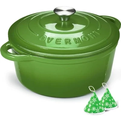 Image of Overmont 5L Enamelled Cast Iron Round Casserole Pot With Lid Cookbook &amp; Cotton Potholders Non stick Dutch Oven Cookware for Braising, Stews, Roasting, Bread Baking Green, 26cm
