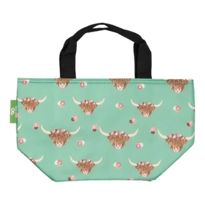 Image of ECO CHIC Lightweight Foldable Insulated Lunch Bag Water Resistant Cooler (Floral Highland Cow Green)