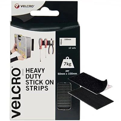 Image of VELCRO® Brand Heavy Duty Stick On Strips Industrial Strength Double Sided Hook &amp; Loop Self Adhesive Perfect for Room Décor Home, Office, Garage Use Black 50mm x 100mm Set of 2