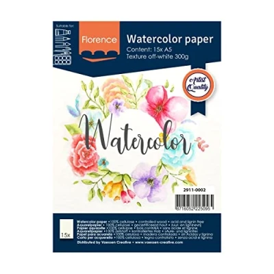 Image of Vaessen Creative Florence Watercolour Paper A5, Ivory, 300 GSM, Artist Grade Quality, Textured Surface, 15 Sheets for Painting, Handlettering, Art Projects