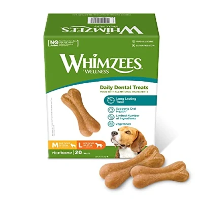 Image of WHIMZEES By Wellness Rice Bone, Natural and Gluten Free Dog Chews, Dental Sticks for Medium Large Breeds, 20 Pieces, Size M/L