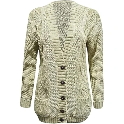 Image of MAYA® Plus Size Womens Button Long Sleeve Pocket Top Ladies Knitted Cardigan (Stone, 14 16)