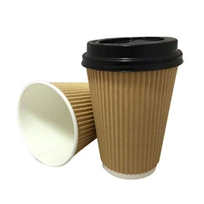 Image of We Can Source It Ltd 100 x 16oz Kraft Triple Ripple Paper Wall Disposable Tea Coffee Cappuccino Hot Drinks Cups &amp; Black Lids