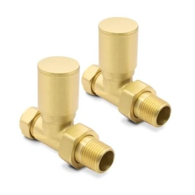 Image of Brushed Brass Straight Modern Standard Rounded Radiator Towel Rail Valves Central Heating (Pair) 1/2&quot; BSP